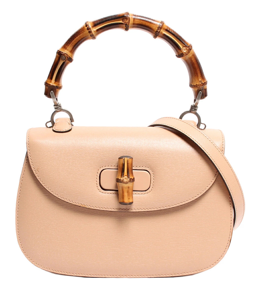 Gucci Bamboo Turn Lock Leather 2Way Shoulder Bag Beige Tan